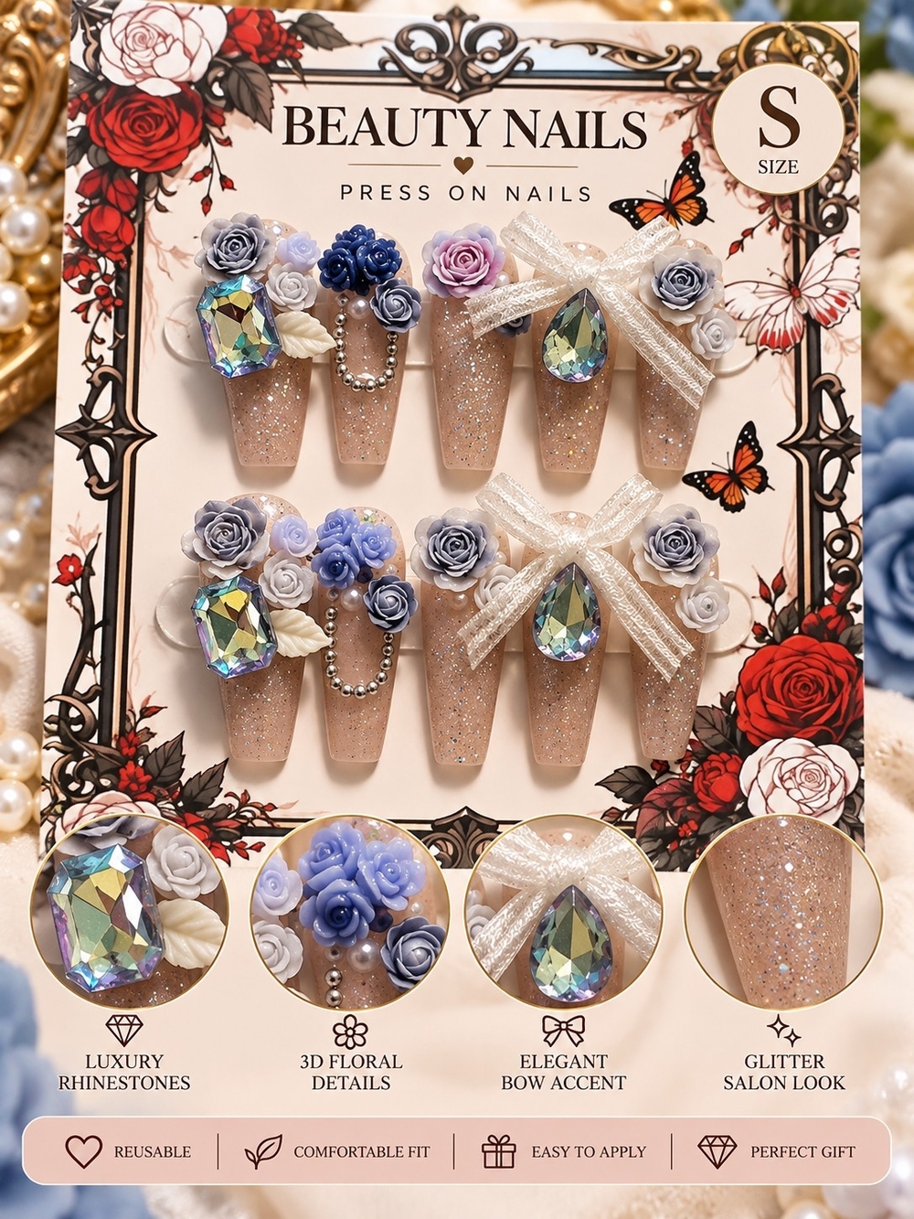 Luxury 3D Floral Rhinestone Press-On Nails – Size Small
